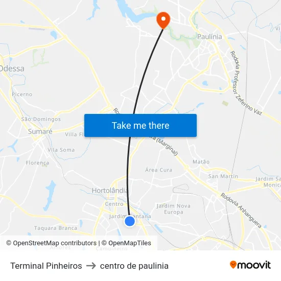 Terminal Pinheiros to centro de paulinia map