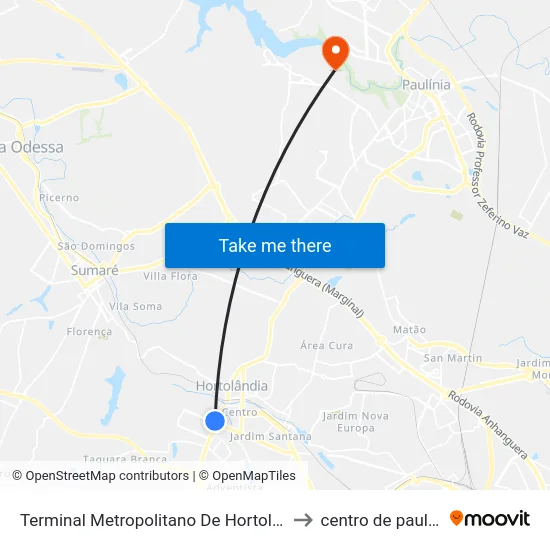 Terminal Metropolitano De Hortolândia to centro de paulinia map