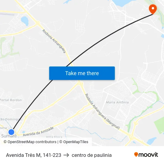 Avenida Três M, 141-223 to centro de paulinia map