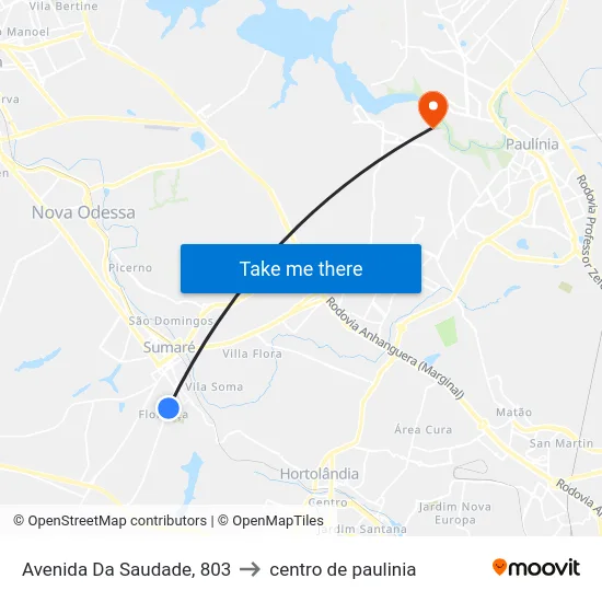 Avenida Da Saudade, 803 to centro de paulinia map