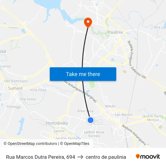 Rua Marcos Dutra Pereira, 694 to centro de paulinia map
