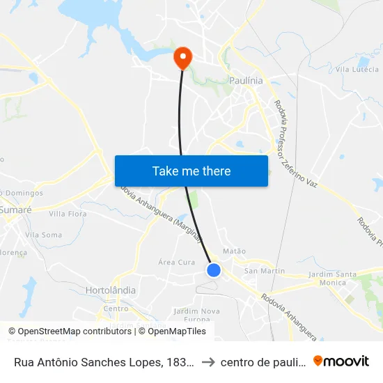 Rua Antônio Sanches Lopes, 183-263 to centro de paulinia map