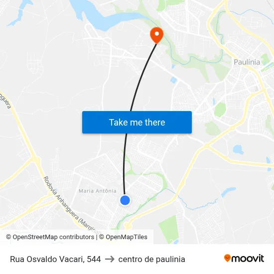 Rua Osvaldo Vacari, 544 to centro de paulinia map