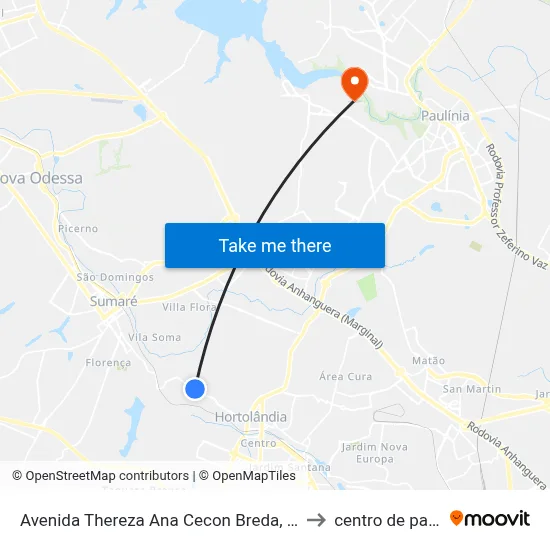 Avenida Thereza Ana Cecon Breda, 4854-4892 to centro de paulinia map