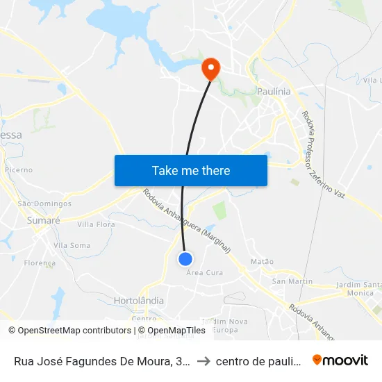 Rua José Fagundes De Moura, 388 to centro de paulinia map
