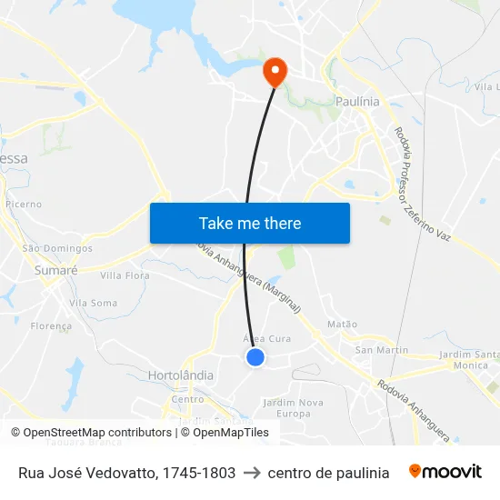 Rua José Vedovatto, 1745-1803 to centro de paulinia map