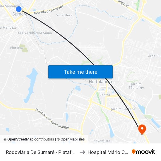 Rodoviária De Sumaré - Plataforma 2 to Hospital Mário Covas map