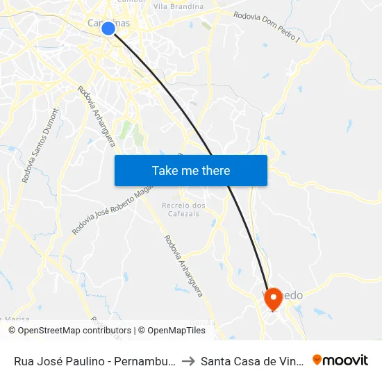 Rua José Paulino - Pernambucanas to Santa Casa de Vinhedo map