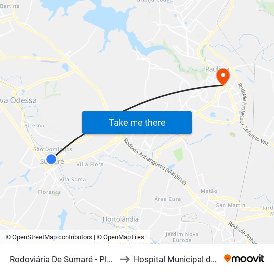 Rodoviária De Sumaré - Plataforma 4 to Hospital Municipal de Paulínia map