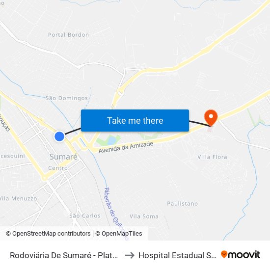 Rodoviária De Sumaré - Plataforma 2 to Hospital Estadual Sumaré map