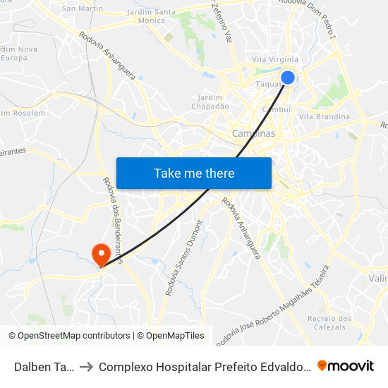 Dalben Taquaral to Complexo Hospitalar Prefeito Edvaldo Orsi (Ouro Verde) map