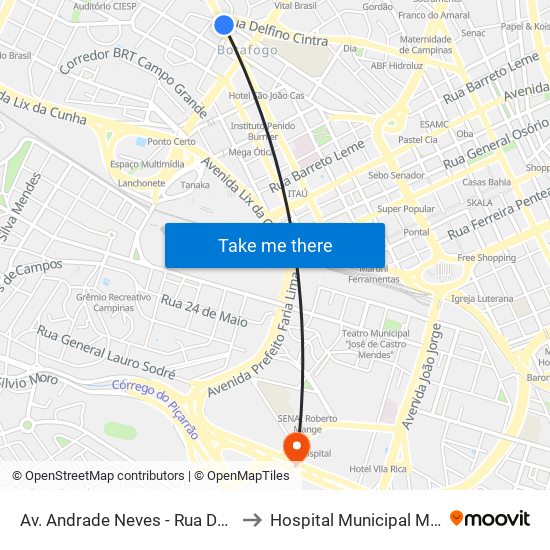 Av. Andrade Neves - Rua Delfino Cintra to Hospital Municipal Mário Gatti map