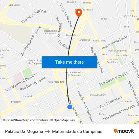 Palácio Da Mogiana to Maternidade de Campinas map