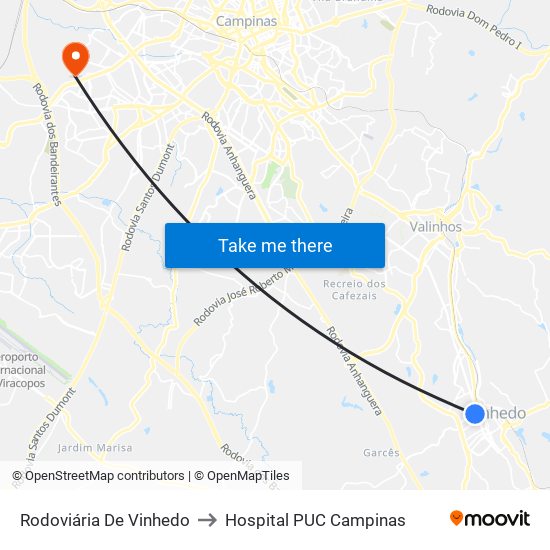 Rodoviária De Vinhedo to Hospital PUC Campinas map