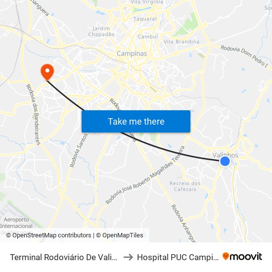 Terminal Rodoviário De Valinhos to Hospital PUC Campinas map