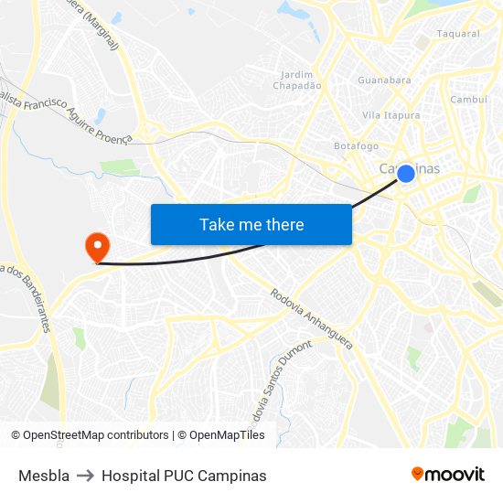 Mesbla to Hospital PUC Campinas map