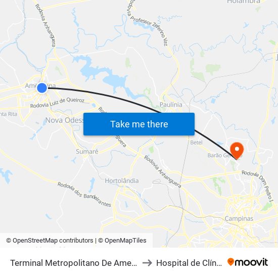 Terminal Metropolitano De Americana to Hospital de Clínicas map