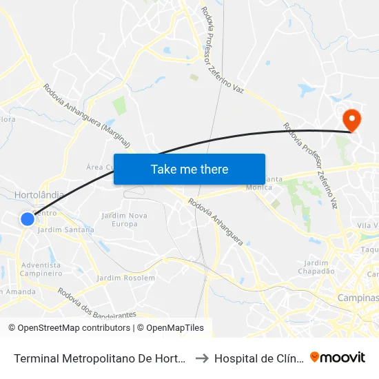 Terminal Metropolitano De Hortolândia to Hospital de Clínicas map