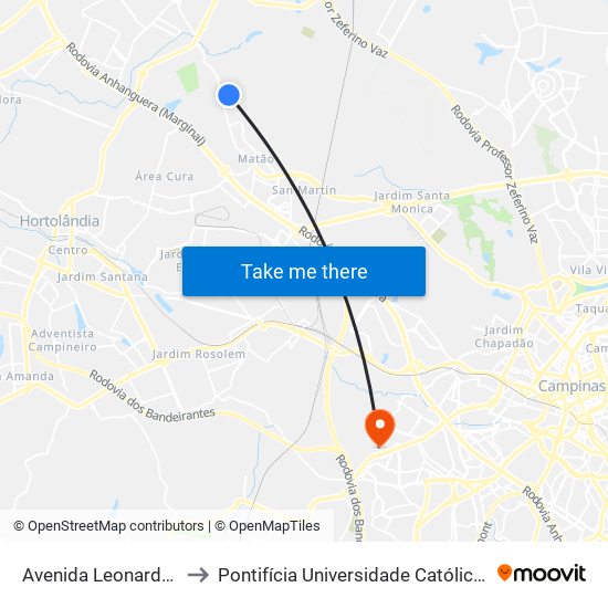 Avenida Leonardo Antônio Schiavinatto, 45 to Pontifícia Universidade Católica De Campinas - Puc-Campinas (Campus II) map