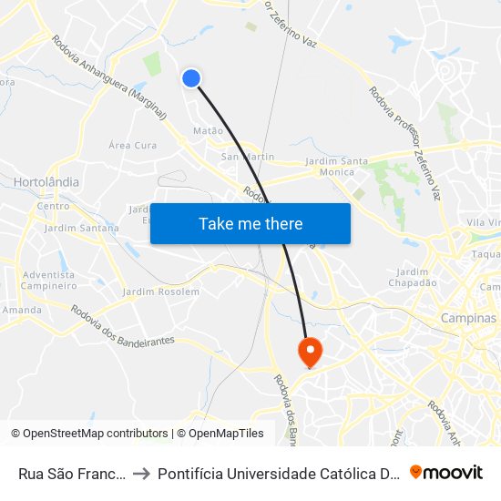 Rua São Francisco De Assis, 420 to Pontifícia Universidade Católica De Campinas - Puc-Campinas (Campus II) map