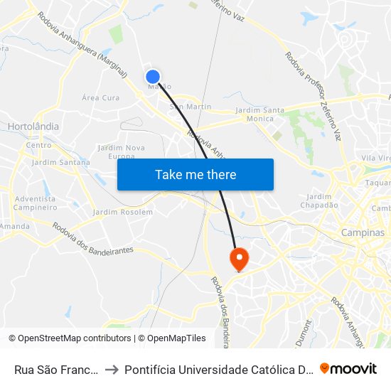 Rua São Francisco Xavier, 80-196 to Pontifícia Universidade Católica De Campinas - Puc-Campinas (Campus II) map