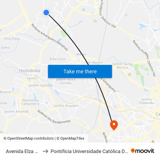 Avenida Elza Zagui Menuzzo, 255 to Pontifícia Universidade Católica De Campinas - Puc-Campinas (Campus II) map