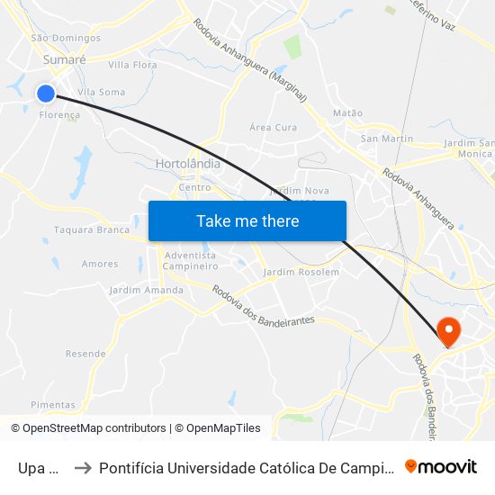 Upa Sumaré to Pontifícia Universidade Católica De Campinas - Puc-Campinas (Campus II) map