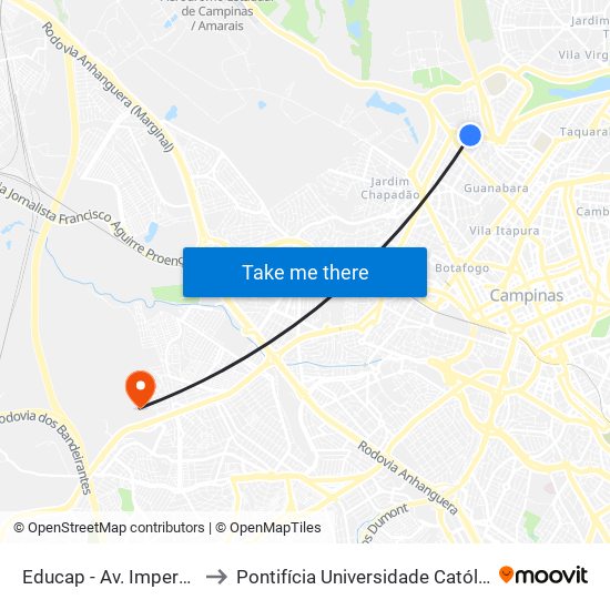 Educap - Av. Imperatriz Leopoldina (Sentido Bairro) to Pontifícia Universidade Católica De Campinas - Puc-Campinas (Campus II) map