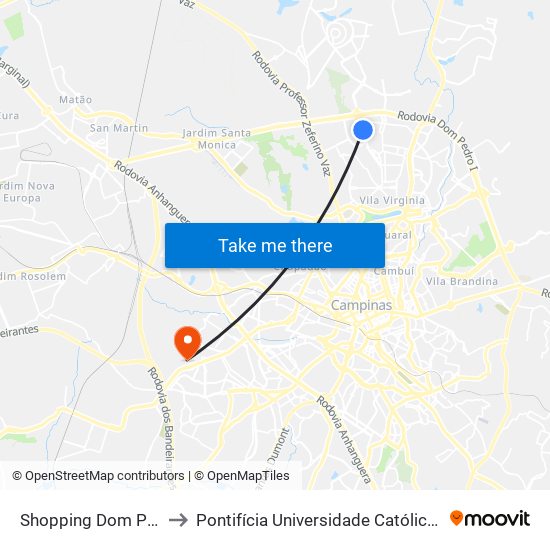 Shopping Dom Pedro (Entrada Das Águas) to Pontifícia Universidade Católica De Campinas - Puc-Campinas (Campus II) map