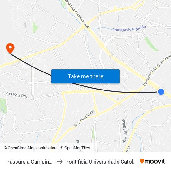 Passarela Campinas Shopping (Sentido Valinhos) to Pontifícia Universidade Católica De Campinas - Puc-Campinas (Campus II) map