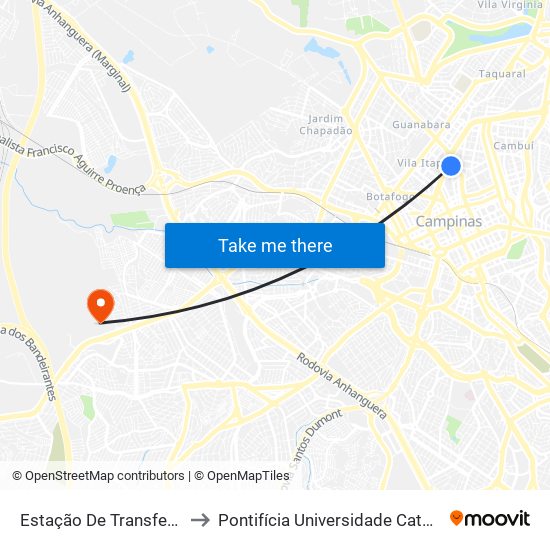 Estação De Transferência Dona Libânia - Pista Externa to Pontifícia Universidade Católica De Campinas - Puc-Campinas (Campus II) map