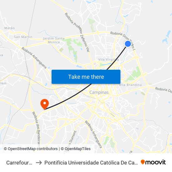 Carrefour Dom Pedro to Pontifícia Universidade Católica De Campinas - Puc-Campinas (Campus II) map
