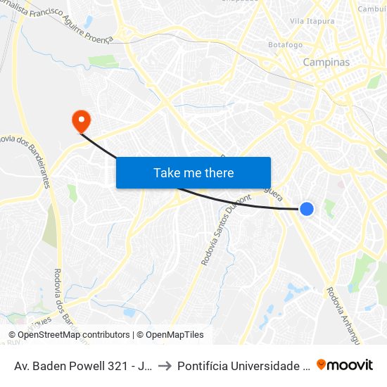Av. Baden Powell 321 - Jardim Nova Europa Campinas - SP 13040-093 Brasil to Pontifícia Universidade Católica De Campinas - Puc-Campinas (Campus II) map