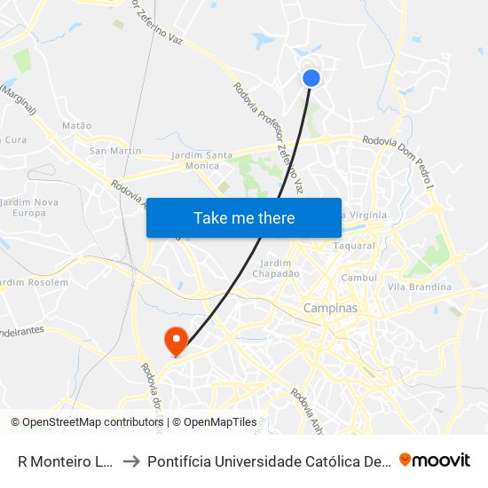 R Monteiro Lobato (Unicamp) to Pontifícia Universidade Católica De Campinas - Puc-Campinas (Campus II) map