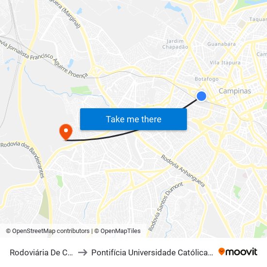 Rodoviária De Campinas (Plataformas) to Pontifícia Universidade Católica De Campinas - Puc-Campinas (Campus II) map
