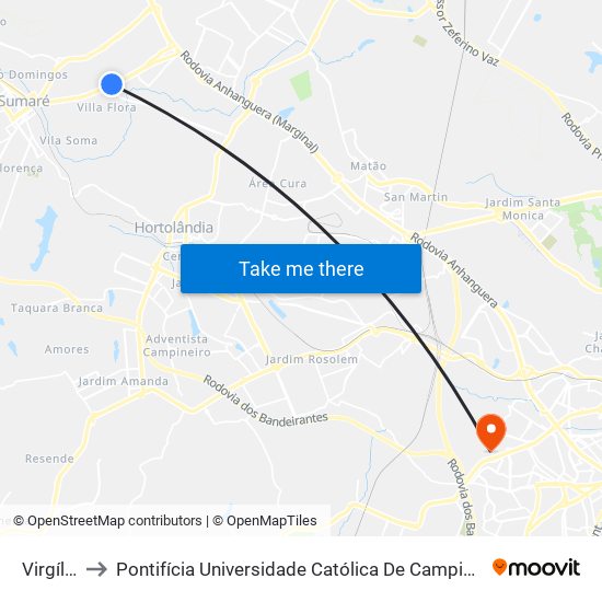 Virgílio Viel to Pontifícia Universidade Católica De Campinas - Puc-Campinas (Campus II) map