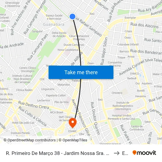 R. Primeiro De Março 38 - Jardim Nossa Sra. Auxiliadora Campinas - SP 13075-250 Brasil to Esamc map