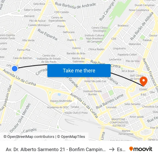 Av. Dr. Alberto Sarmento 21 - Bonfim Campinas - SP 13070-710 Brasil to Esamc map