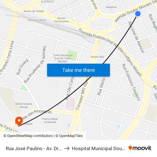 Rua José Paulino - Av. Dr. Moraes Sales to Hospital Municipal Doutor Mario Gatti map