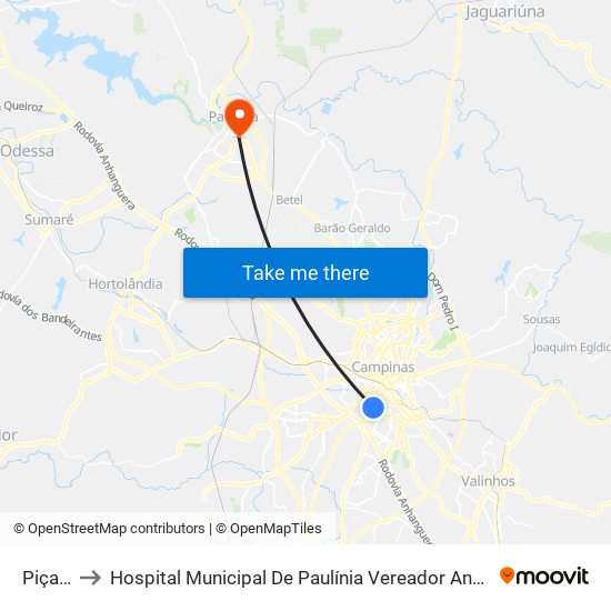 Piçarrão to Hospital Municipal De Paulínia Vereador Antônio Orlando Navarro map