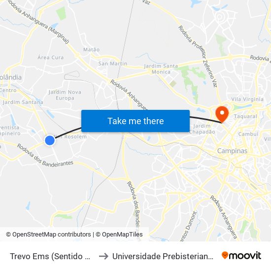 Trevo Ems (Sentido Campinas) to Universidade Prebisteriana Mackenzie map