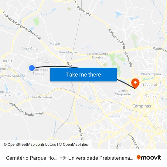 Cemitério Parque Hortolândia to Universidade Prebisteriana Mackenzie map