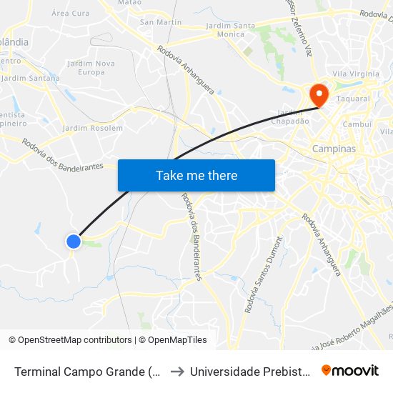 Terminal Campo Grande (Externo - Linha 742) to Universidade Prebisteriana Mackenzie map