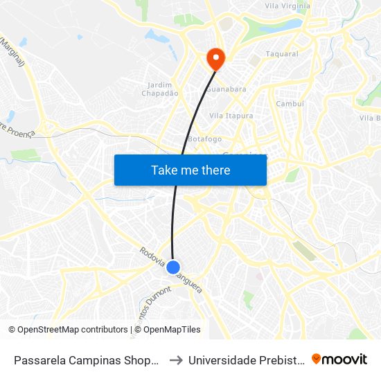 Passarela Campinas Shopping (Sentido Sumaré) to Universidade Prebisteriana Mackenzie map