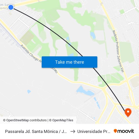 Passarela Jd. Santa Mônica / Jd. São Marcos (Sentido Barão Geraldo) to Universidade Prebisteriana Mackenzie map