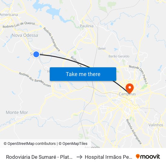 Rodoviária De Sumaré - Plataforma 2 to Hospital Irmãos Penteado map