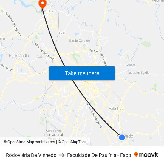 Rodoviária De Vinhedo to Faculdade De Paulínia - Facp map