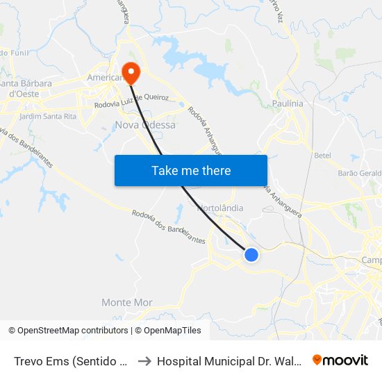 Trevo Ems (Sentido Monte Mor) to Hospital Municipal Dr. Waldemar Tebaldi map