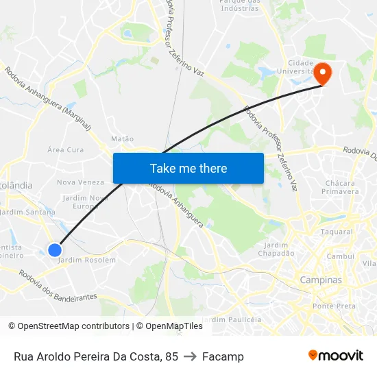 Rua Aroldo Pereira Da Costa, 85 to Facamp map