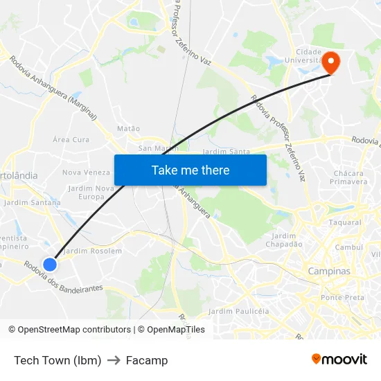Tech Town (Ibm) to Facamp map